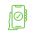 A green icon of a hand holding a smartphone with a checkmark symbol on the screen, indicating a completed action.