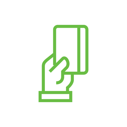 Green line art icon of a hand holding a vertical rectangular card.