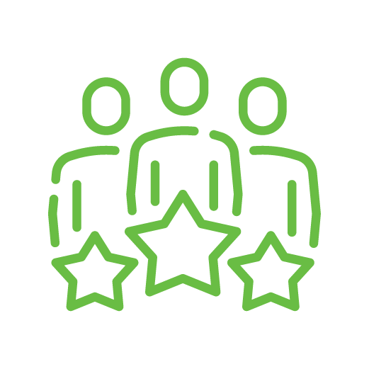 A green line icon of three stylized figures standing together, each positioned above a star.
