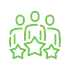 A lime green icon featuring three stylized figures standing behind three stars, representing team success or performance.