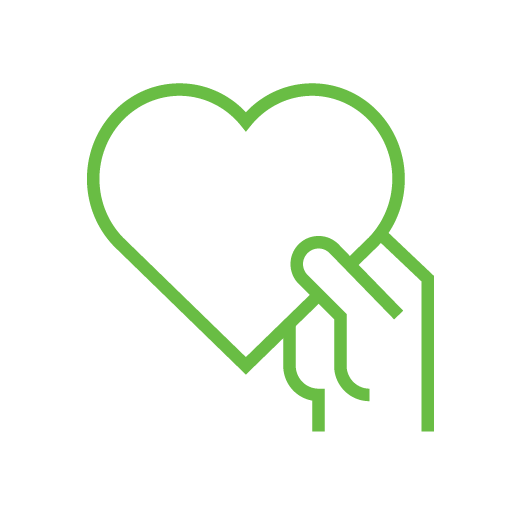 A green line-art icon of a hand holding a heart.
