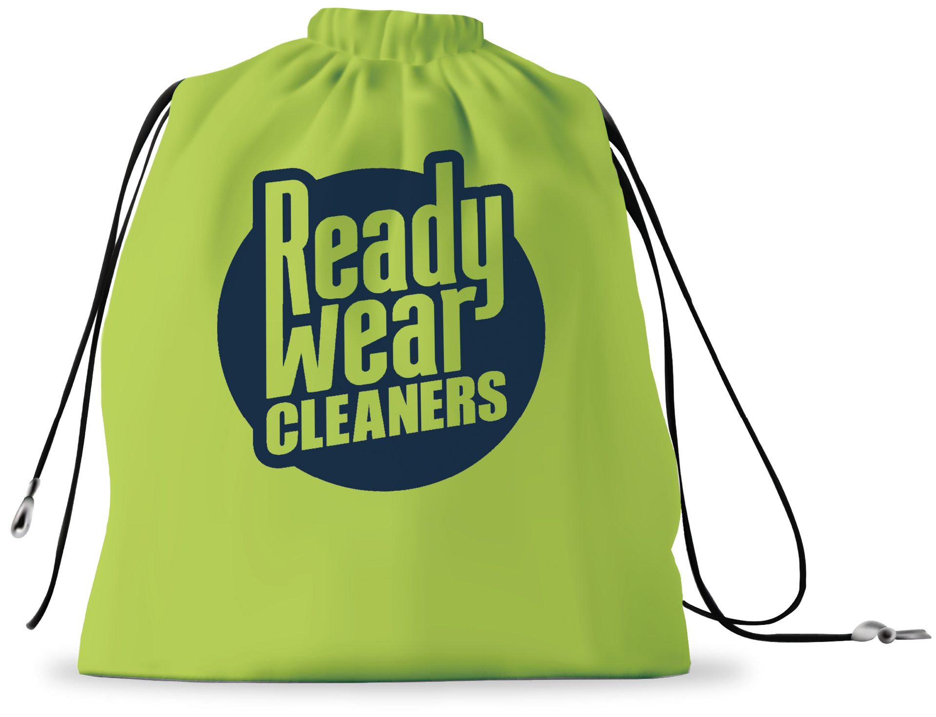 A bright lime green drawstring backpack featuring a navy blue circular logo that reads