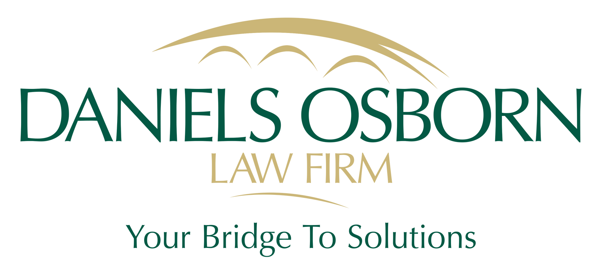 Daniels Law Firm logo: Green text with gold arches and tagline 