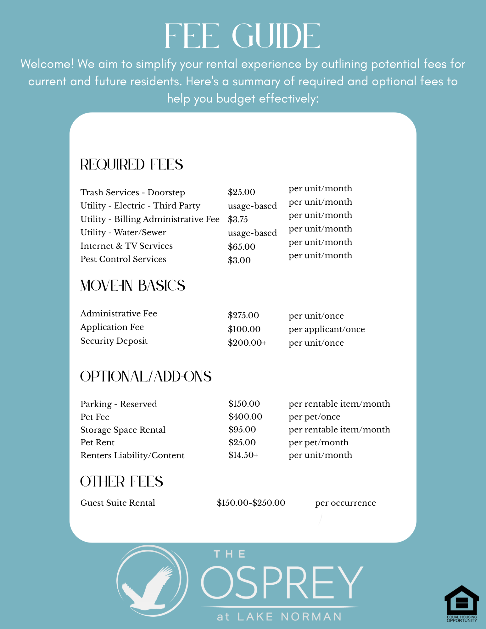 The Osprey fee guide.