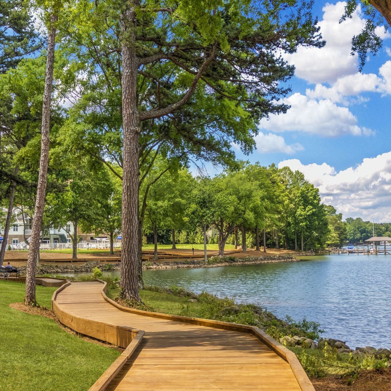 A wooden walkway leading to a lake surrounded by trees.