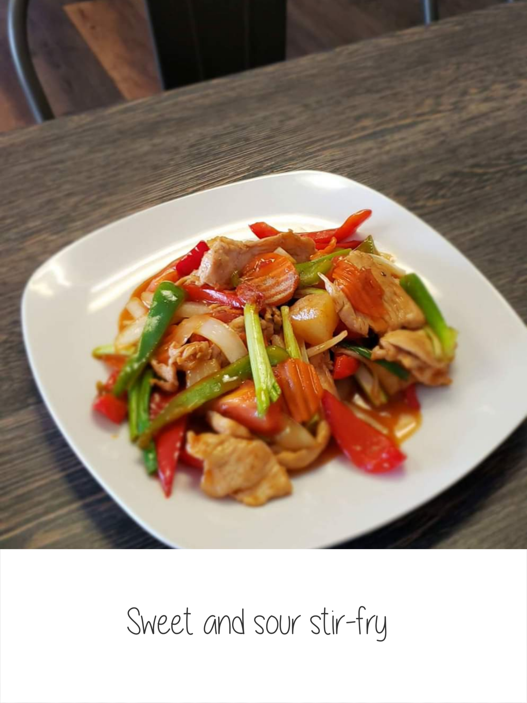 A plate of food with the words sweet and sour stir fry on the bottom