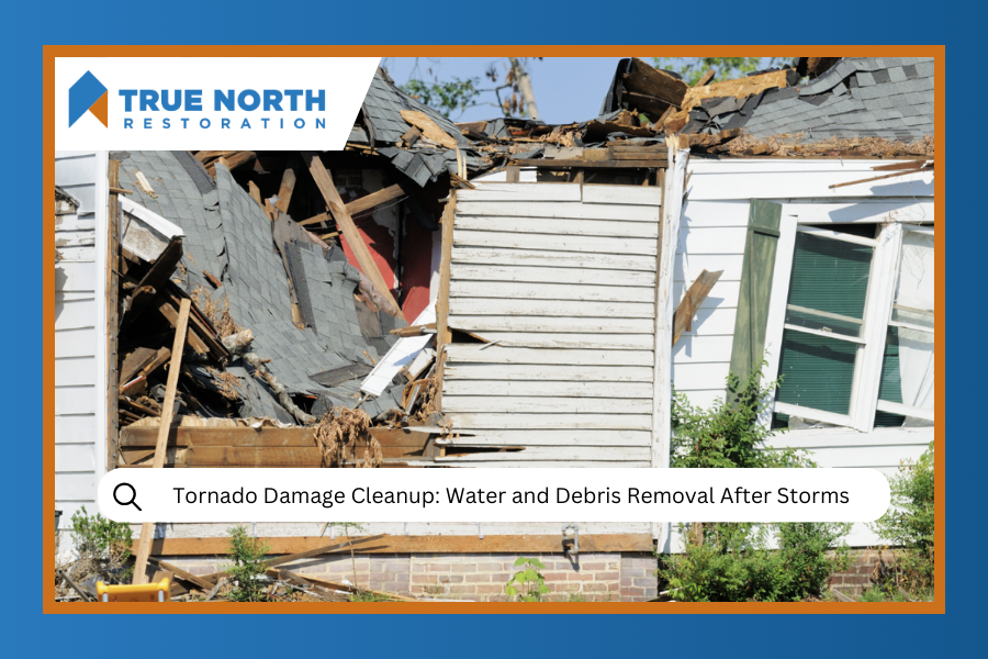 House heavily damaged by a tornado with missing roof and debris.