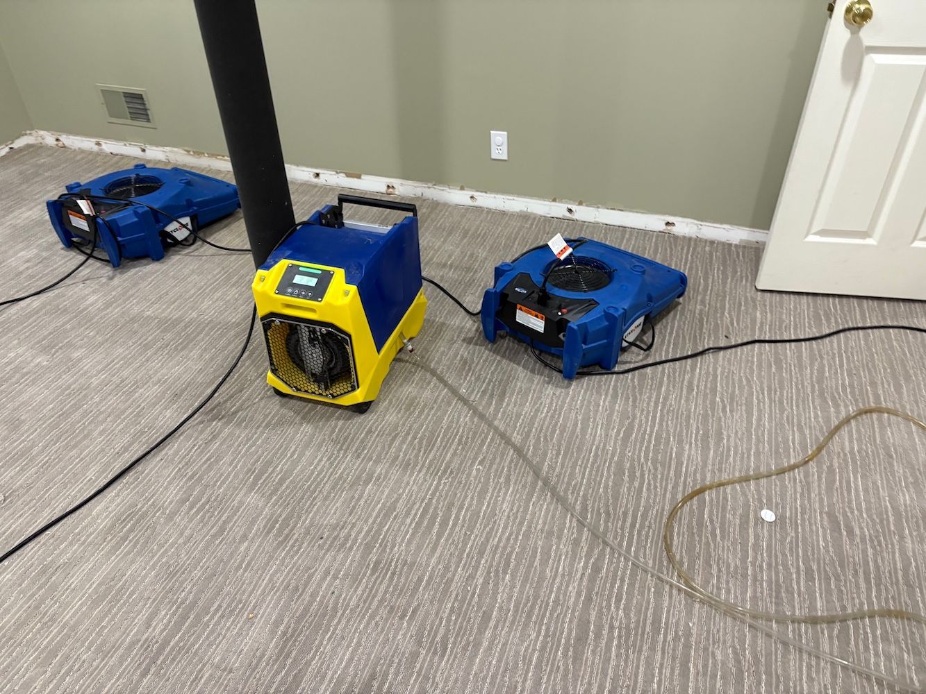 Commercial air movers drying basement