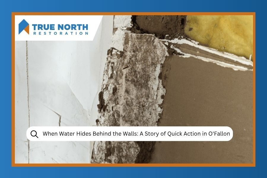 Water damage behind a wall. Crumbling plaster, drywall removed, yellow insulation visible. True North Restoration logo.