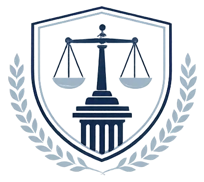 A blue and white shield emblem featuring a pair of scales balanced on top of a column, flanked by laurel leaves.