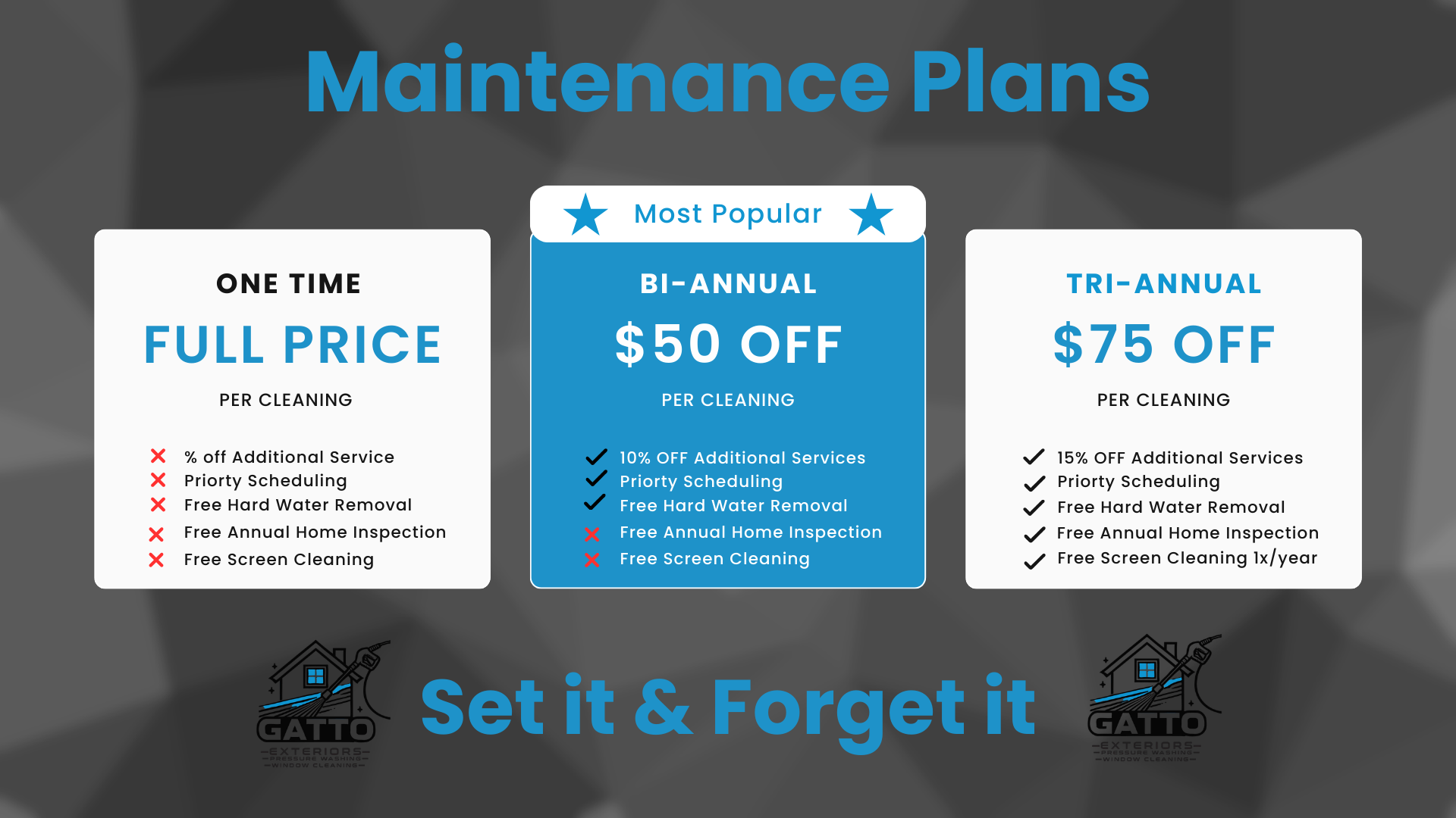 Maintenance plans comparison chart showing One Time, Bi-Annual, and Tri-Annual options with savings and service features.