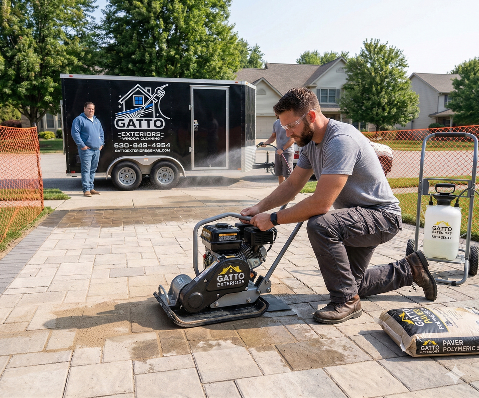 A worker kneels on a stone patio using a vibrating plate compactor, with a Gatto Exterior trailer parked nearby.