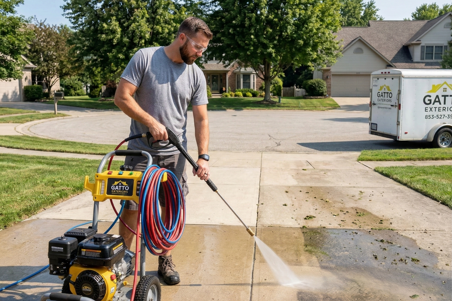 A worker uses a power washer to clean a concrete driveway on a sunny day, with a service trailer in the background.