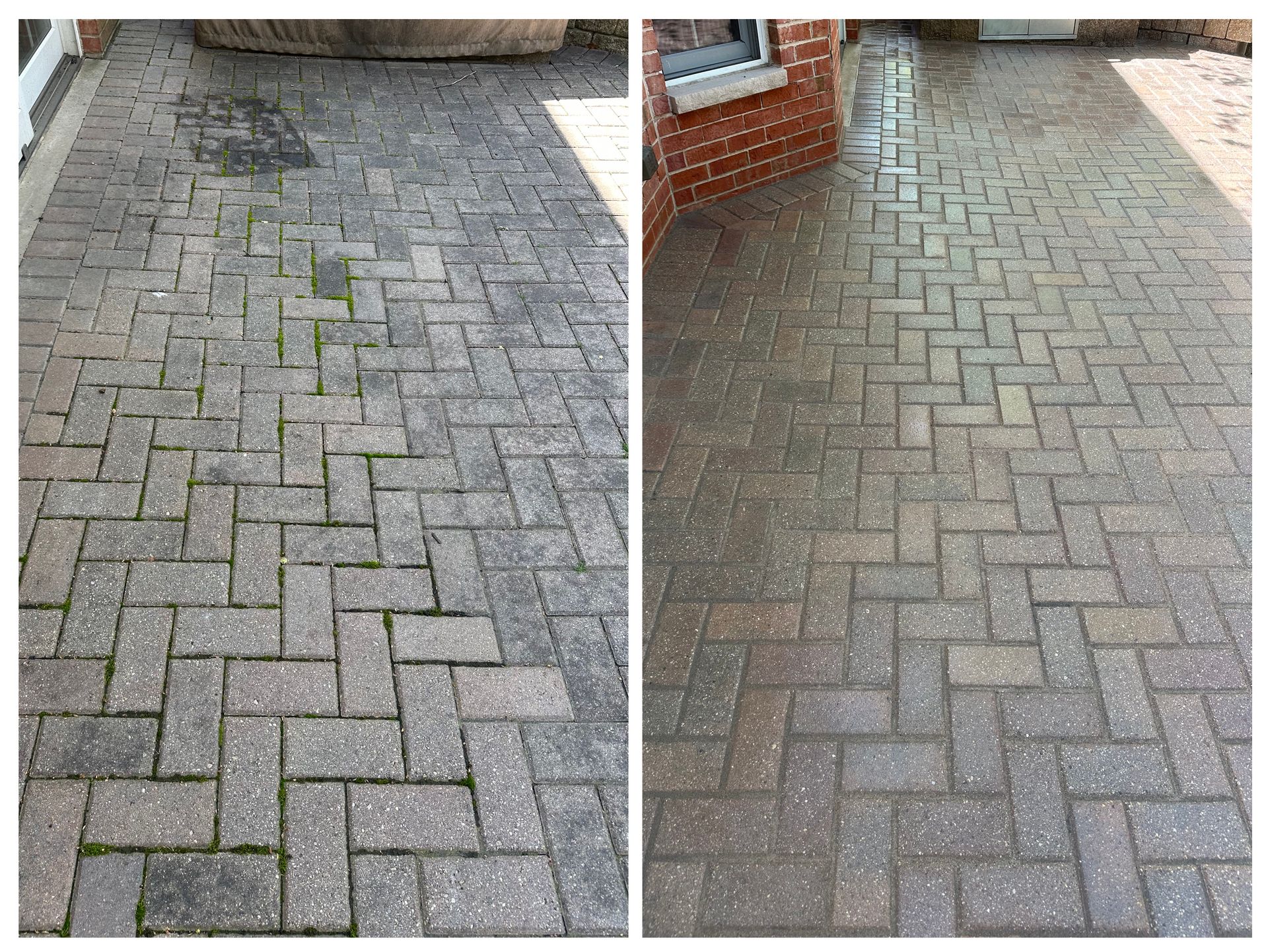 A person in a gray jacket and white hat uses a pressure washer to clean tan horizontal siding on a house.
