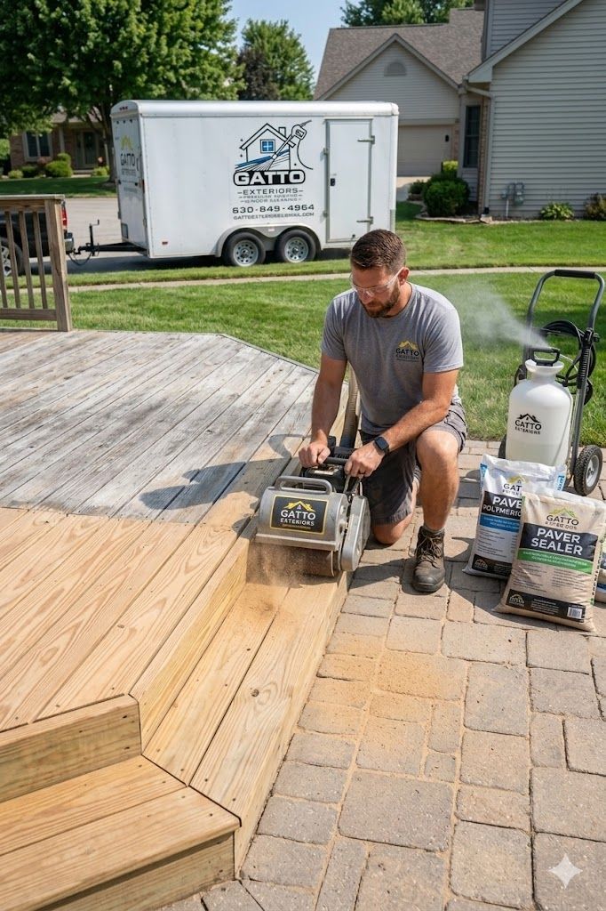 A professional uses a floor sander on a wooden deck next to a brick patio, with a work trailer parked in the background.
