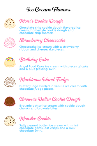 A menu for ice cream flavors including mom 's cookie dough