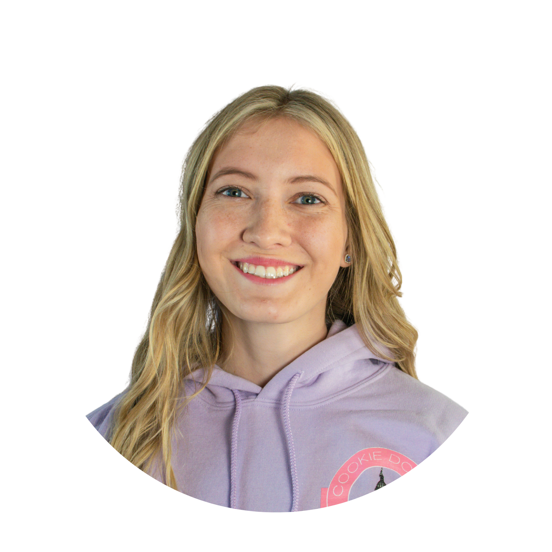A young woman wearing a purple hoodie is smiling for the camera.
