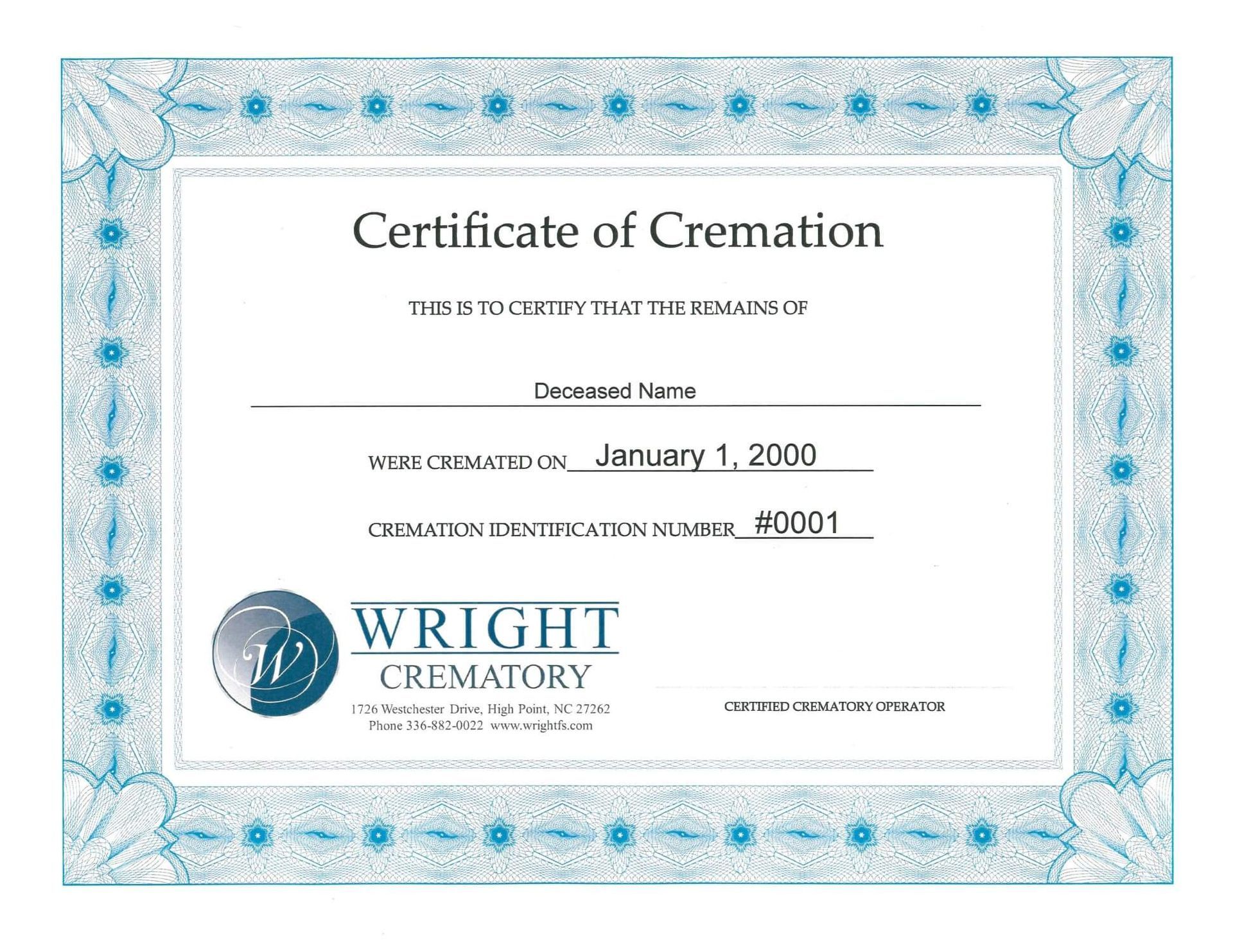 A certificate of cremation from wright crematory is shown on a white background.