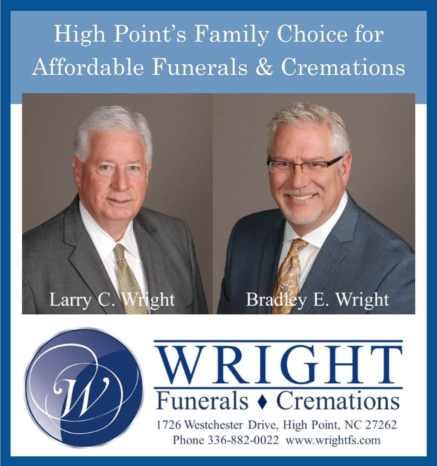 An ad for wright funerals cremations shows two men