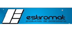 Logotipo para Estiromat, con letras blancas, sombra negra y fondo azul, que dice "productos de poliestireno".