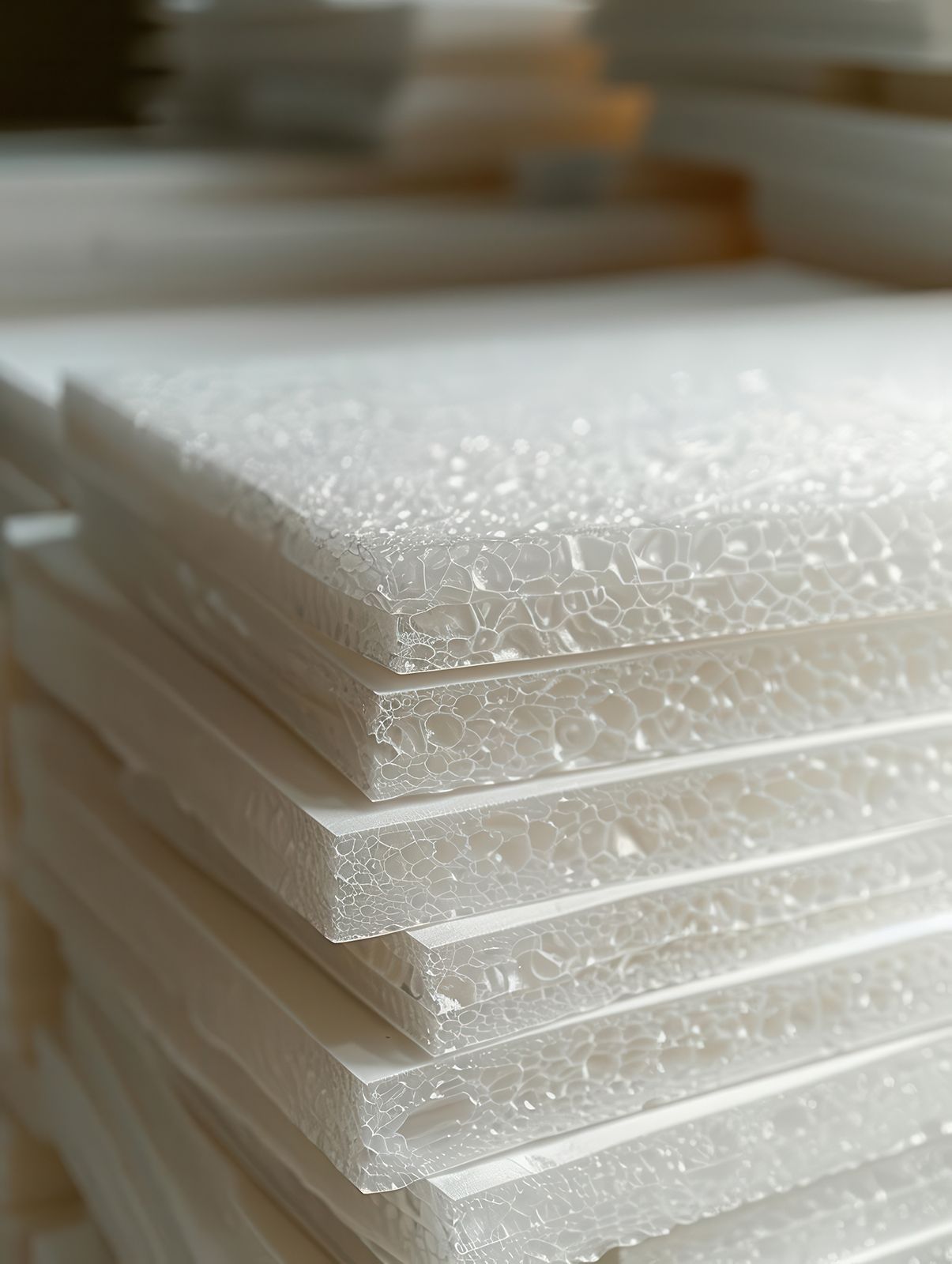 Pila de tableros de espuma blanca, mostrando bordes texturizados.