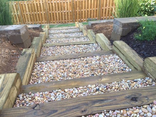 Full View Wood and Pebble Outdoor Stairs