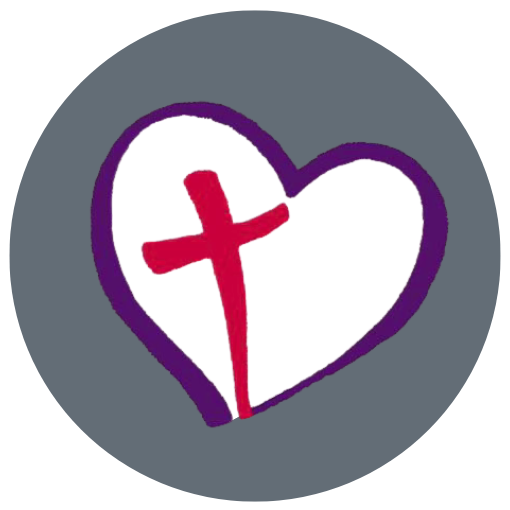 White heart with purple outline and red cross on a gray circle background.