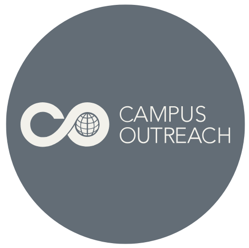 Logo for Campus Outreach. Gray circle with white infinity symbol entwined with globe graphic and text 