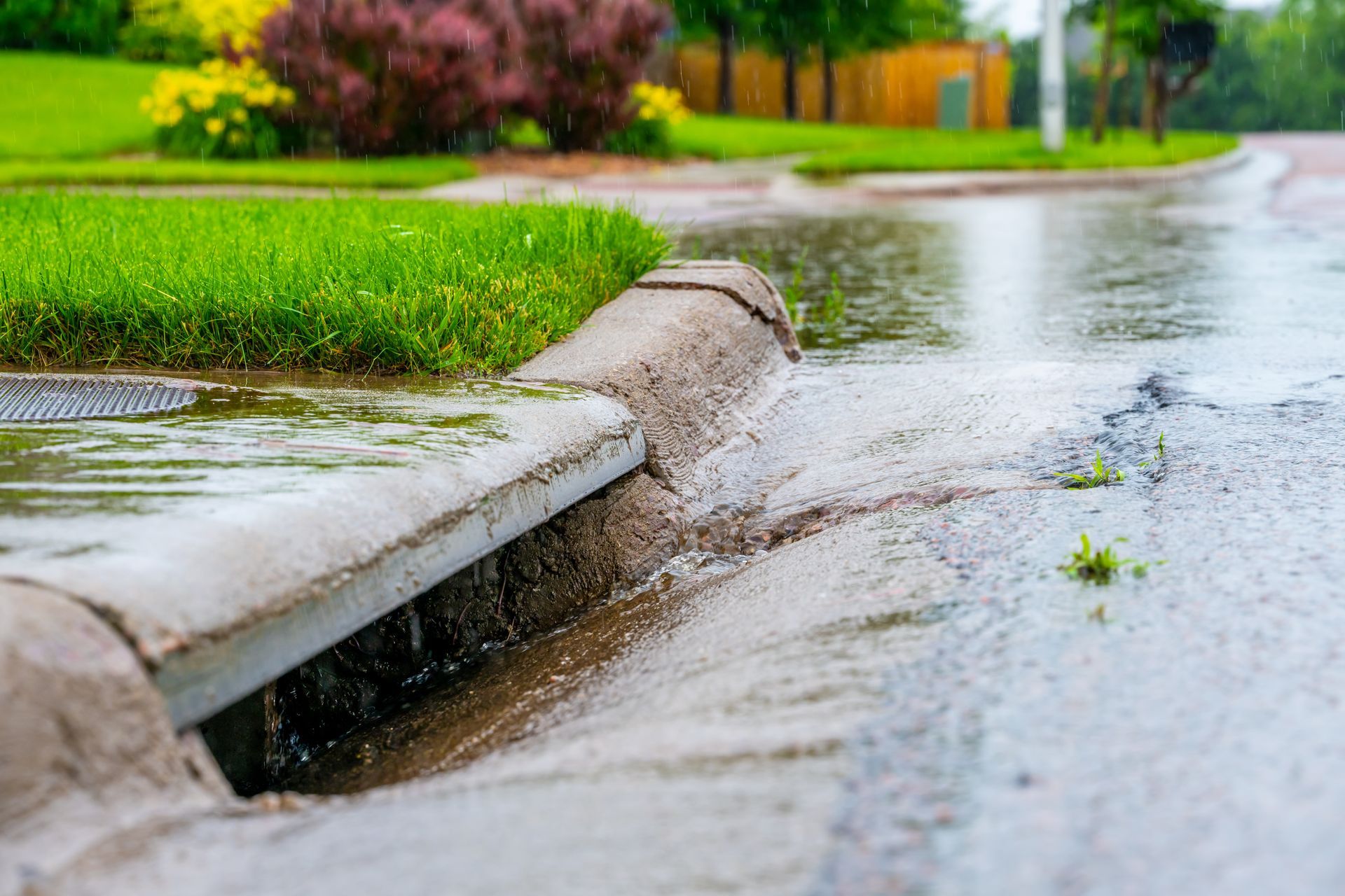 Rainwater flows along a curb and into a storm drain on a residential street during rainfall.