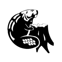 A black and white drawing of a beaver sitting on a tree stump.