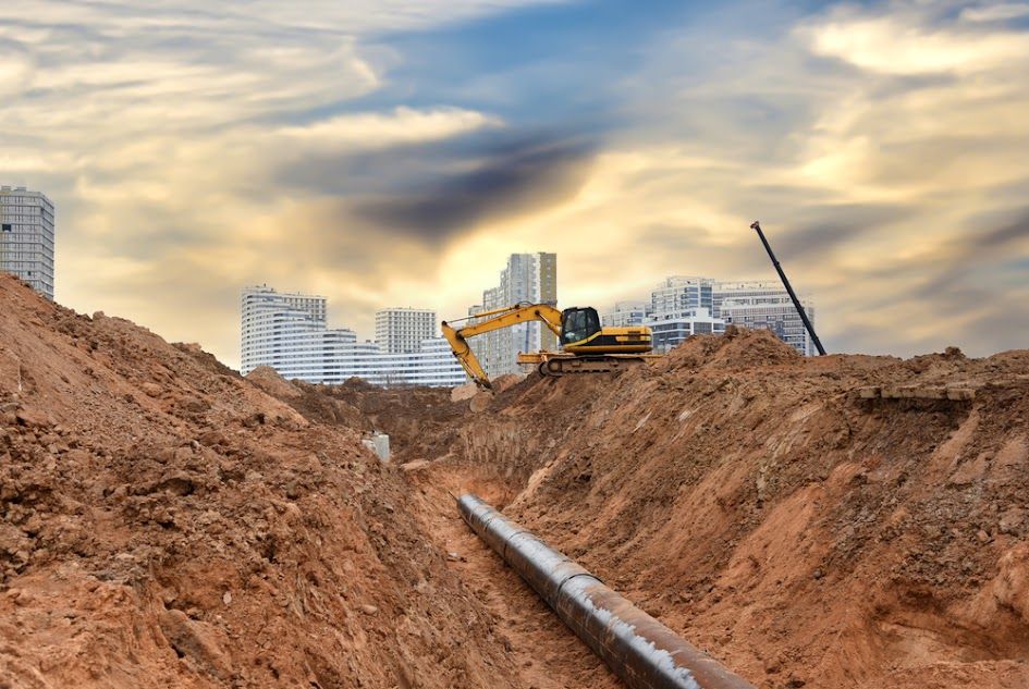 A construction site with a pipe in the dirt and a city in the background.