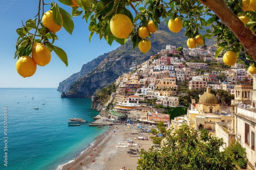 A cruise ship in the ocean with a palm tree in the foreground