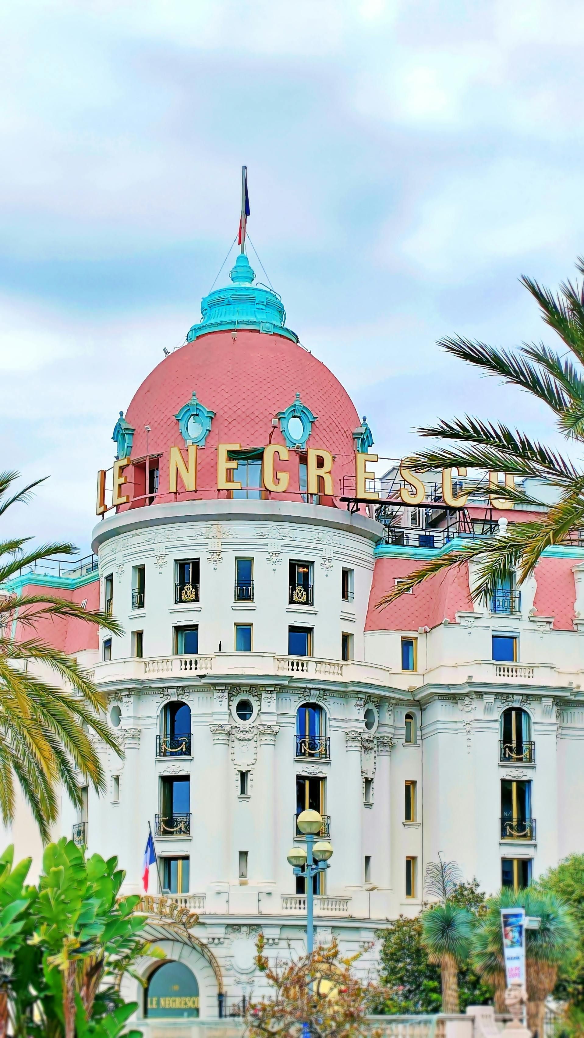 A red train is going through a forest with mountains in the background.