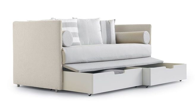 divanetto beige a letto con cassettoni sottostanti sfoderabile e personalizzabile