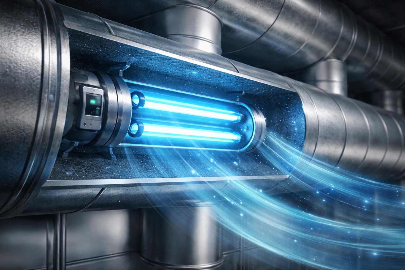 A UV light air purification system installed inside a metal HVAC ventilation duct, emitting a blue glow.