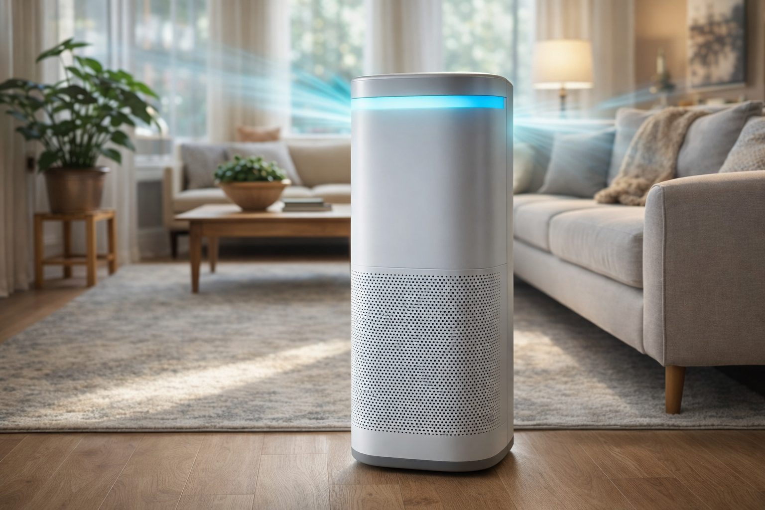 A modern silver air purifier sits in a living room, emitting a glowing blue light from its top vent.