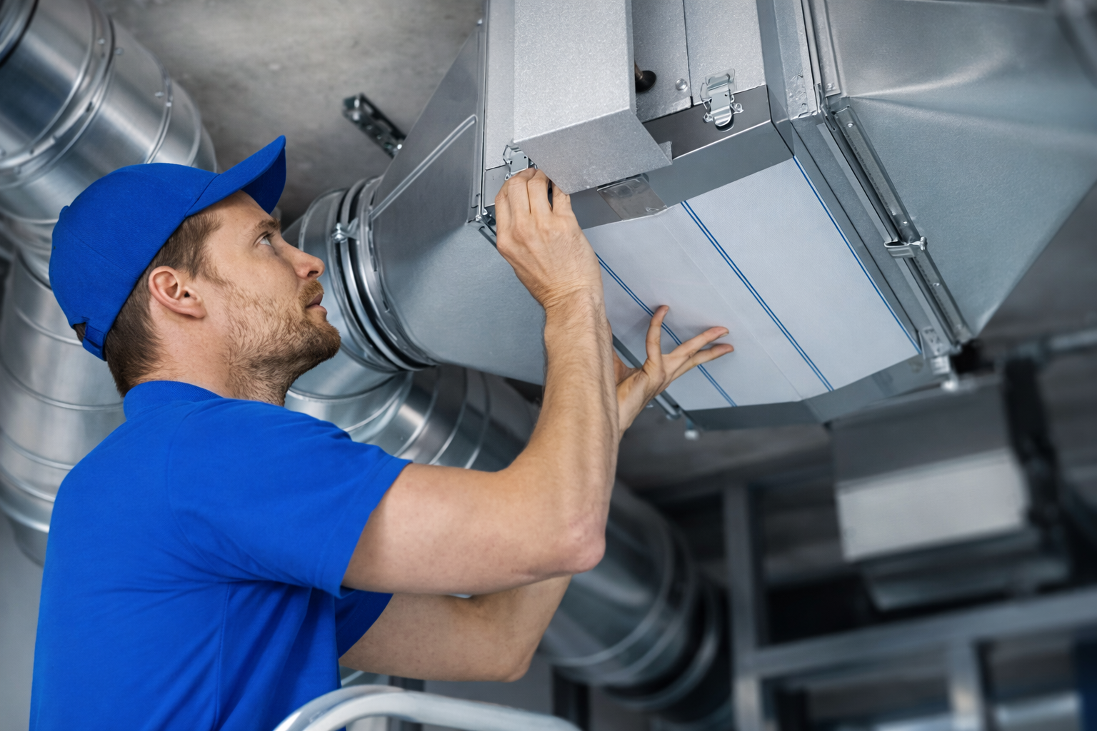 A technician in a blue uniform working on a metal HVAC duct system attached to a ceiling.