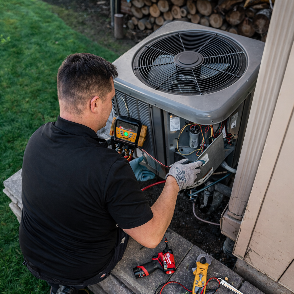 A technician in a black shirt repairs an outdoor HVAC unit, using tools on a patio near a wood pile.