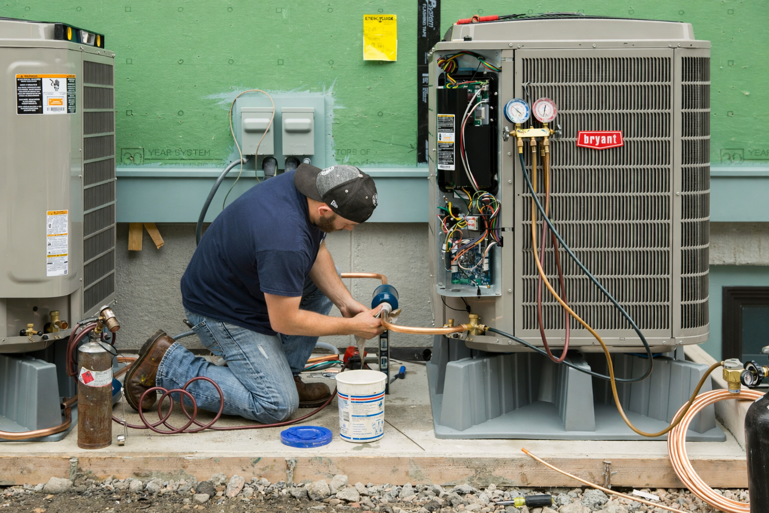 A technician kneels while installing or repairing a large outdoor HVAC unit at a construction site.