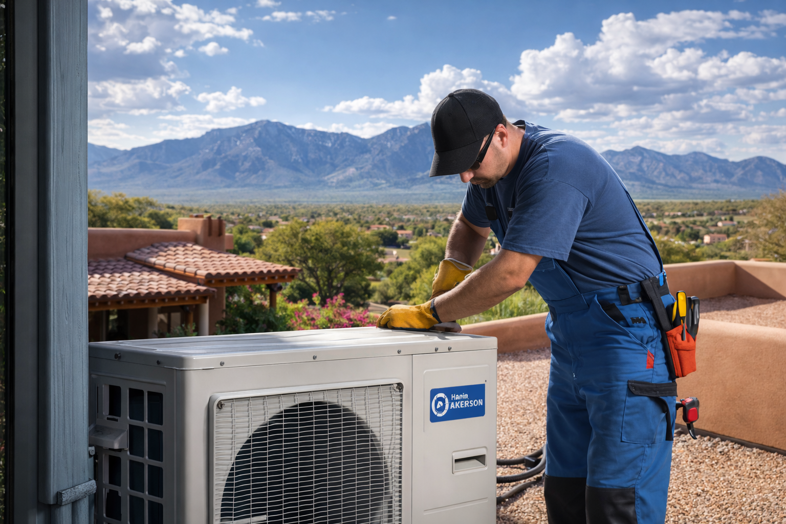 A technician in blue coveralls and yellow gloves services an outdoor air conditioning unit with mountains in the background.