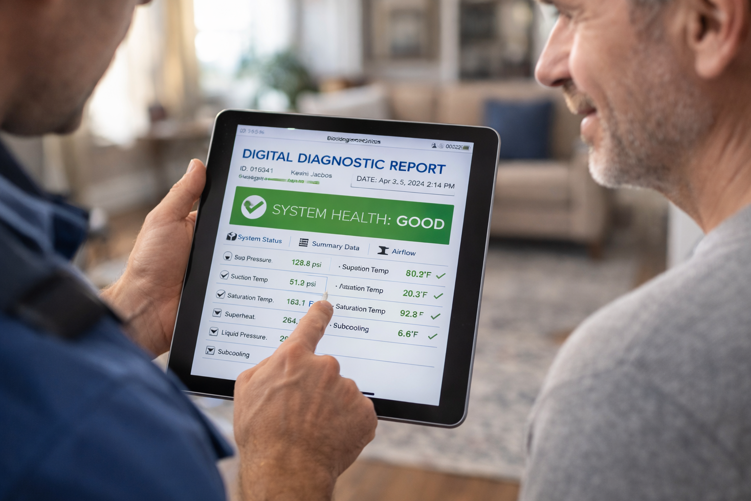 A person points at a digital health report on a tablet screen, showing green