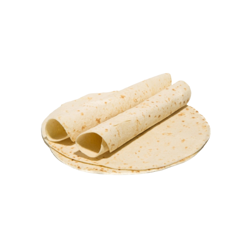 Drie tarwetortilla's, één plat en twee opgerold.