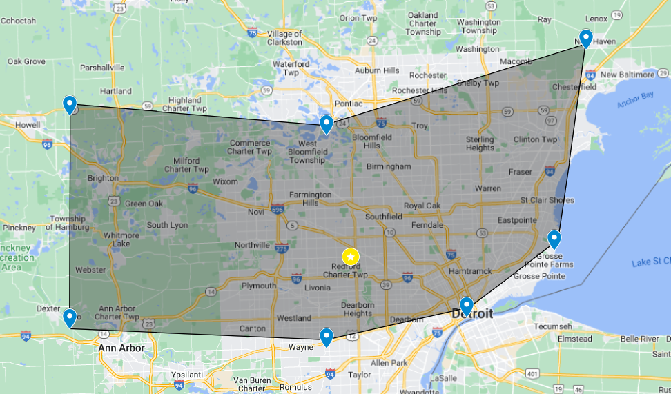 A map of a city with a yellow circle in the middle.