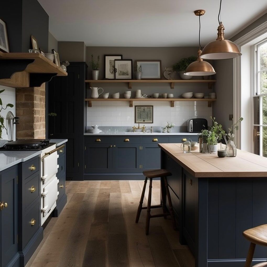 Dark Modern Kitchen With Wooden Floors, Navy Cabinets, Wood Island, And Copper Pendant Lights — BC Customs in Newcastle, NSW