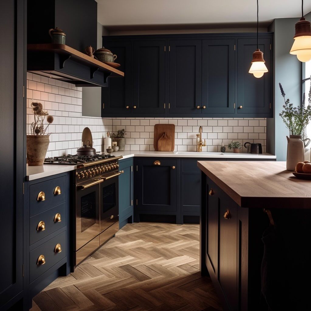 Navy Kitchen With Gold Hardware, White Subway Backsplash, Wood Countertops, Island — BC Customs in Central Coast, NSW