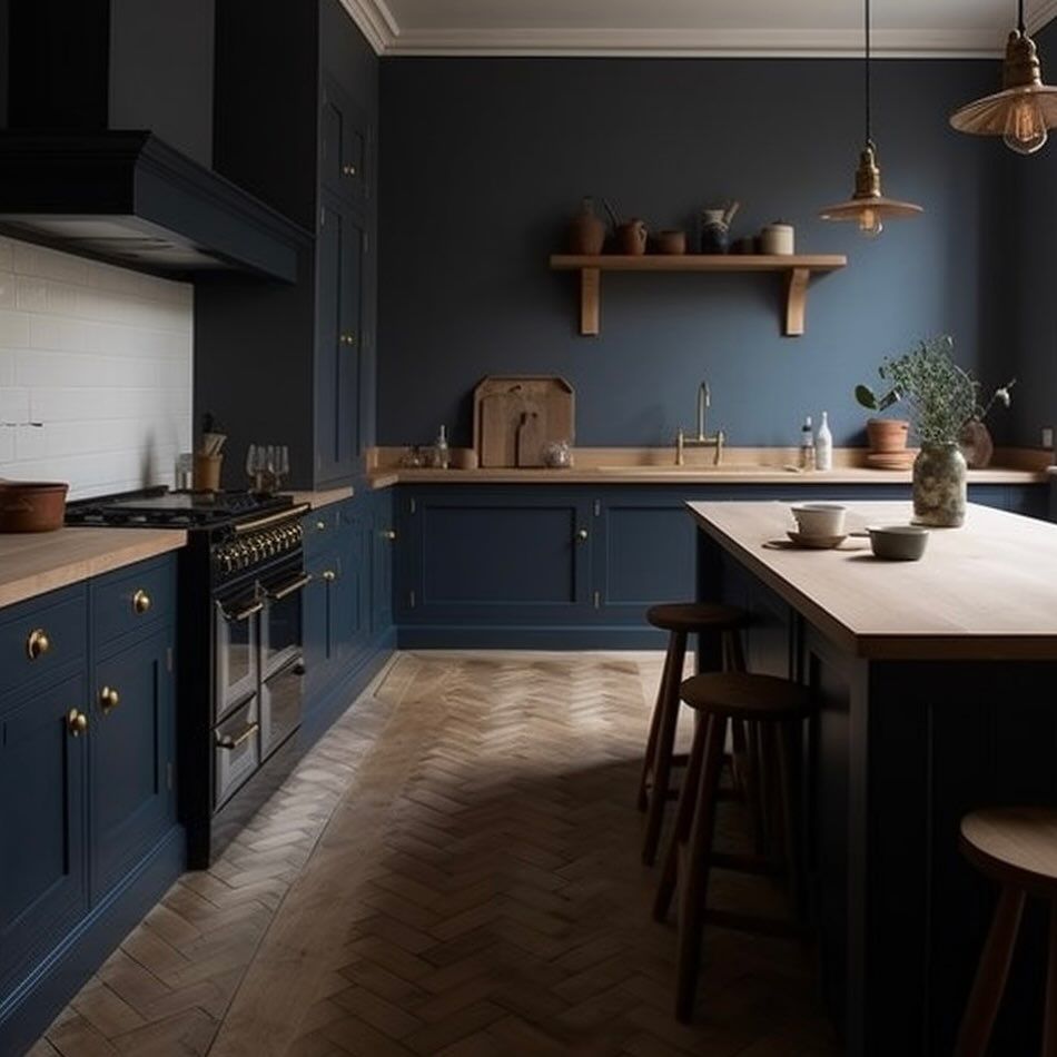 Dark Blue Kitchen With Wood Countertops, Herringbone Floors, Range, Island — BC Customs in Port Macquarie, NSW