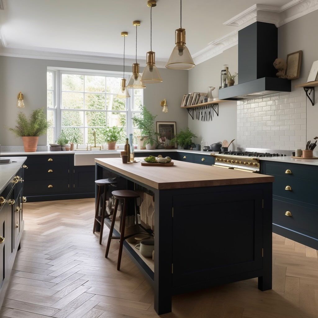 Elegant kitchen with a dark blue island and cabinets — BC Customs in Burrell Creek, NSW
