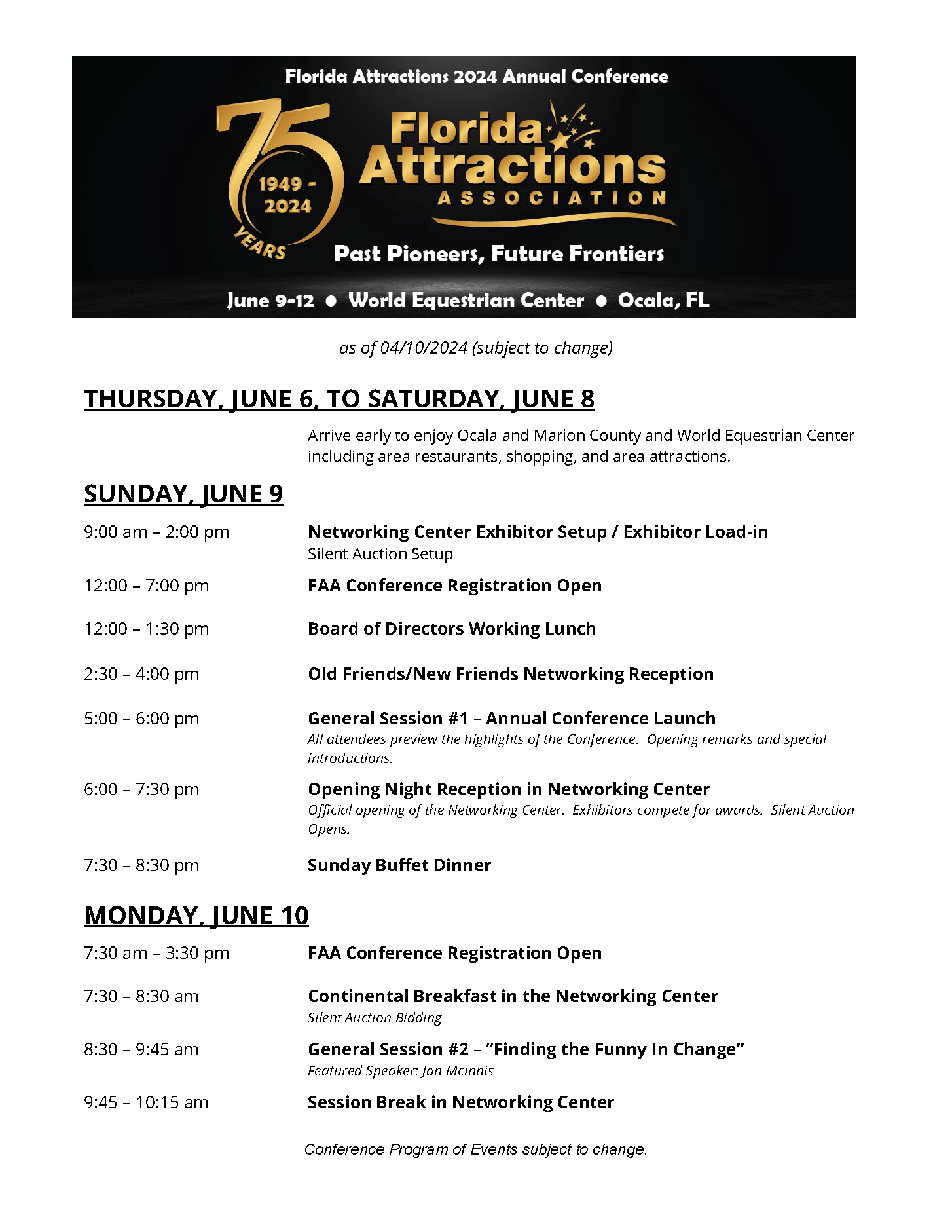 Program of Events Florida Attractions 2024 Annual Conference