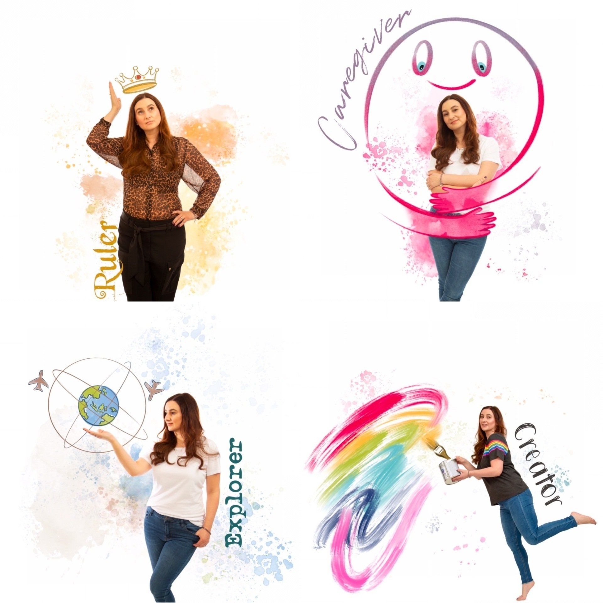 Emotipics depicting Marketing Archetypes Ruler, Caregiver, Explorer and Creator