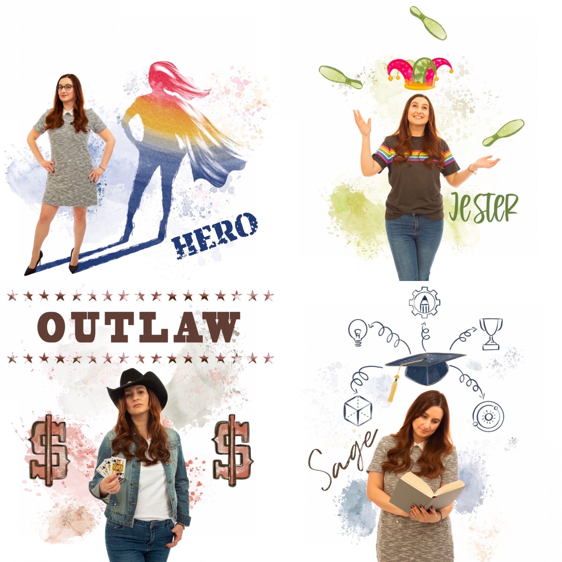 Emotipics depicting Marketing Archetypes Hero, Sage, Jester and Outlaw
